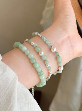 绿色系~碎银子天然石珍珠手链女复古中式串珠手饰小众设计感手串