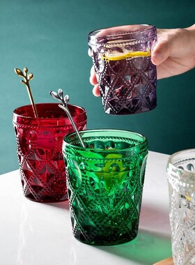 欧式复古浮雕f水杯家用宽口珍珠奶茶杯子彩色绿色茶杯红色玻璃酒