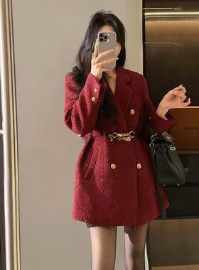 红色西装羽绒外套女2024冬季新款宽G松气质中长款小个子收腰大衣