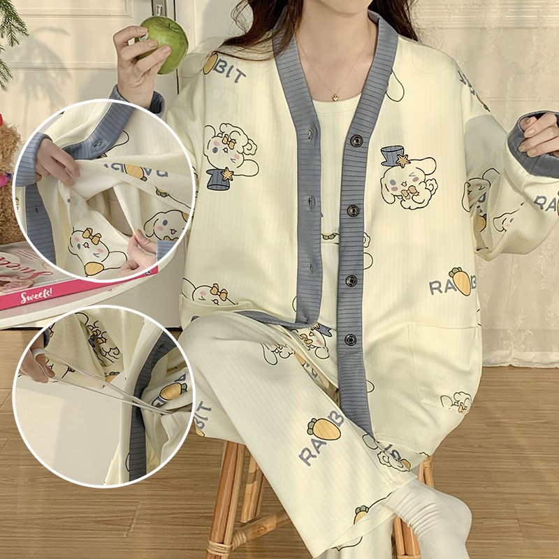 大码月子服三件套春l夏季孕妇睡衣300斤4月份5产妇6哺乳家居服外