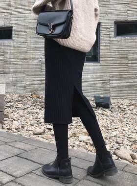 后开叉针织半身裙女2024秋冬长裙黑色毛线裙子一步裙中长款包臀裙