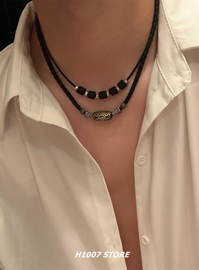 民族风编织天珠桶珠项链小众设计高级感女锁骨链国潮情侣款毛衣链