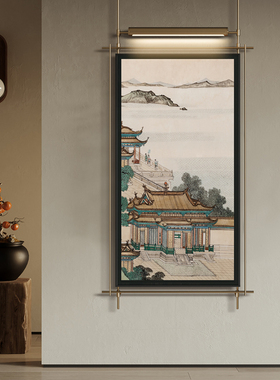 新中式餐厅高档墙饰高级酒店装饰画带灯K金属杆挂画玄关茶室壁挂