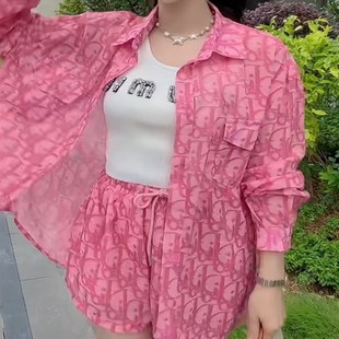 网红爆款时尚防晒套装女2024夏装新款雪纺印花宽松小衫.短裤两件