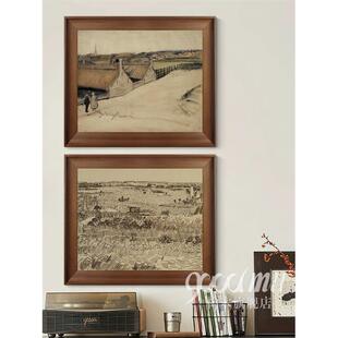 梵高素描法式高级感客厅装饰画中古风餐厅边柜挂画美拉德玄关壁画