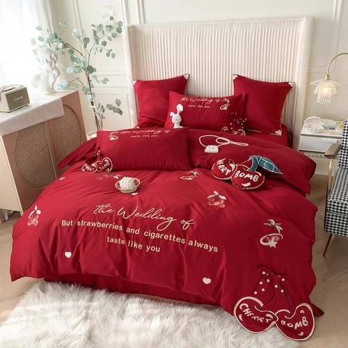 长绒棉婚庆四件套全棉高端蝴蝶结大红色刺绣被套结婚床上用品