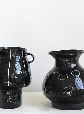 新中式日式立体釉黑色花器简约高级感陶瓷花瓶水培植物器皿
