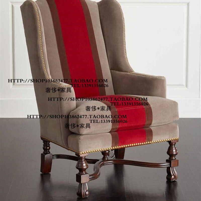 法国法式乡村风格实木铆钉布艺条纹单人位沙发椅老虎椅高背椅家具