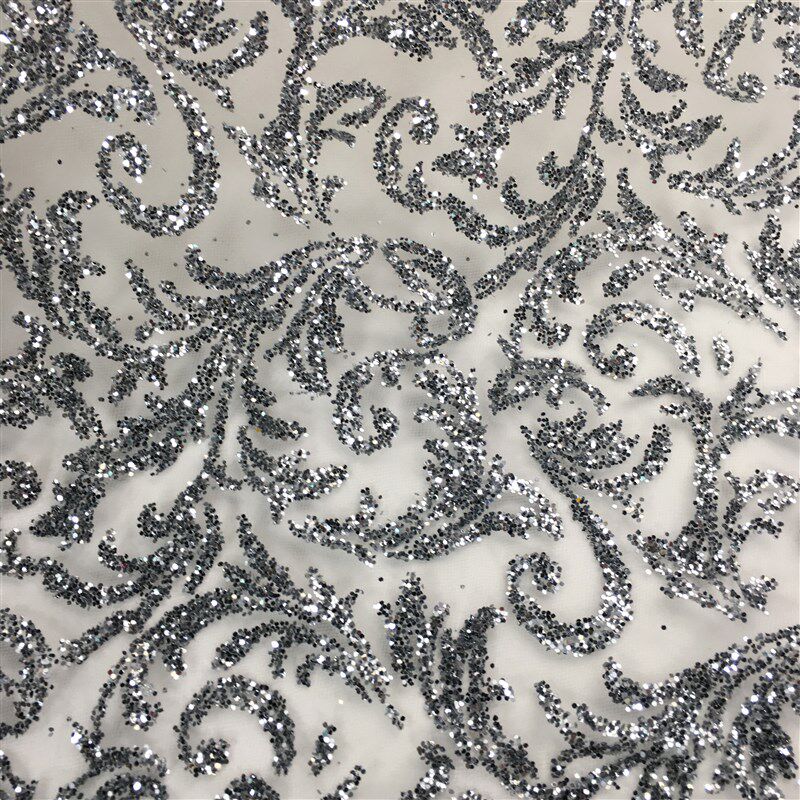 欧式金银灰粉白色高端透明花纹烫金亮片布料礼服表演服会场布蕾丝