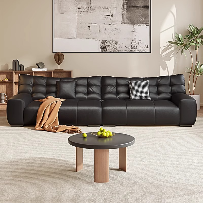 大黑熊意式极简真皮沙发客厅小户型黑色复古风头层牛皮直排皮沙发
