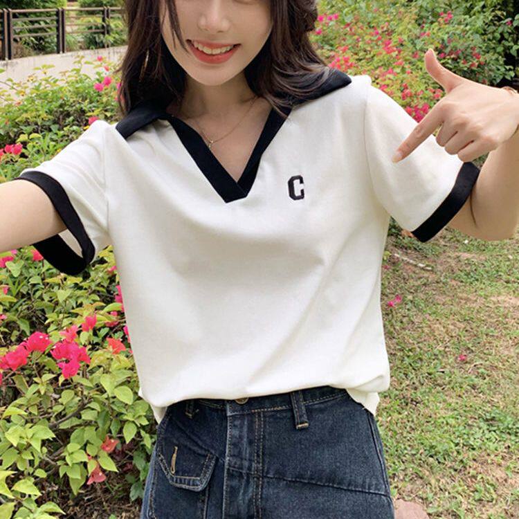 美式甜辣V领针织短袖设计感小众显瘦撞色字母正肩百搭T恤女上衣潮