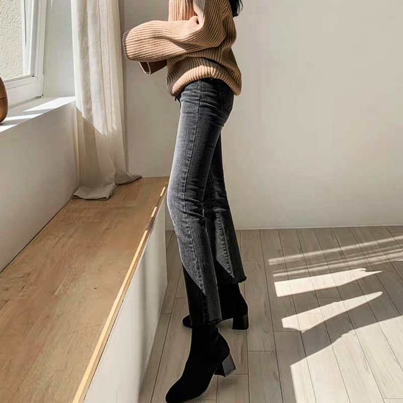 烟灰色加绒牛仔裤女2021年秋冬新款高腰阔腿宽松显瘦九分烟管直筒