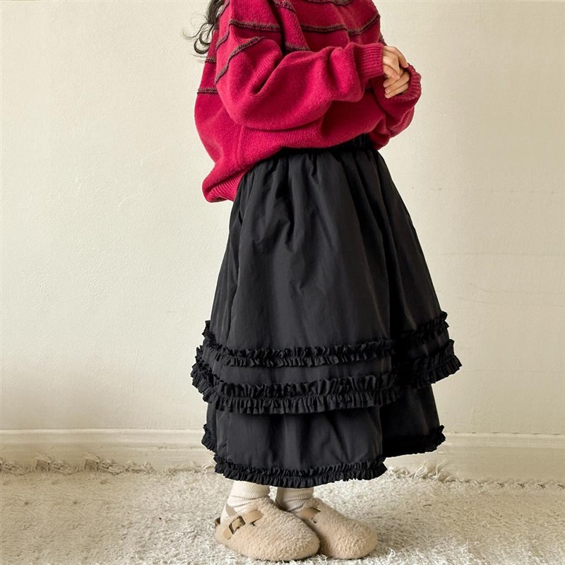 女童半身裙秋冬款2024新款儿童加厚棉裙休闲长裙中大童花边公主裙