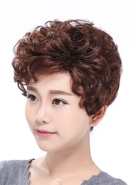 真发假发套女短发自然逼真中老年假发妈妈中年女人短卷发真人发丝