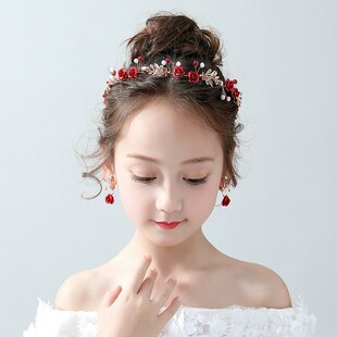红色儿童头花饰品公主可爱女童发箍演出女孩生日森系花朵发饰皇冠
