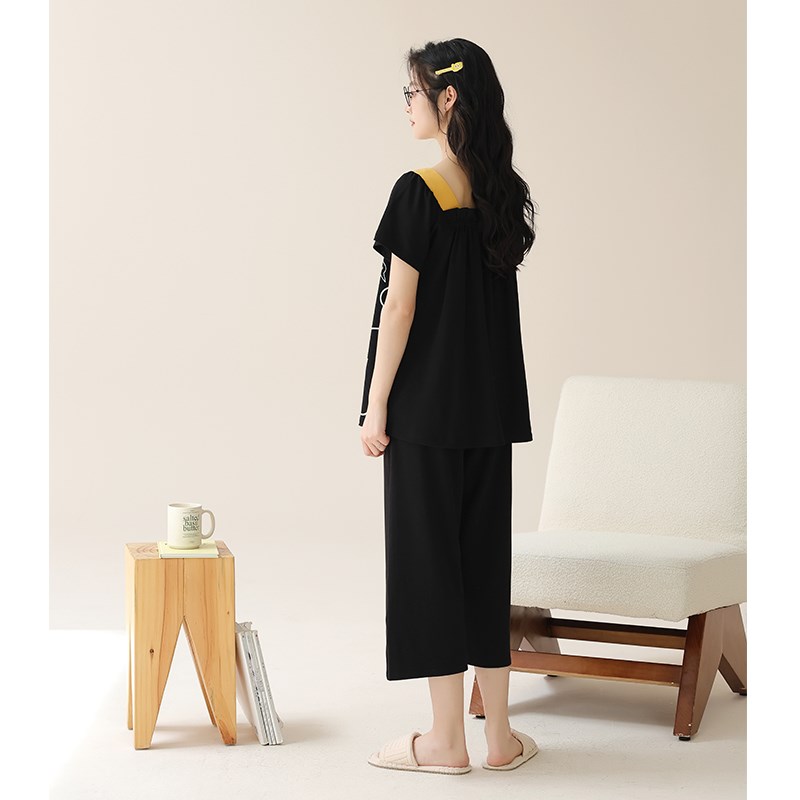 睡衣女款春夏季纯棉可爱七分裤家居服宽松短袖长裤黑色可外穿套装