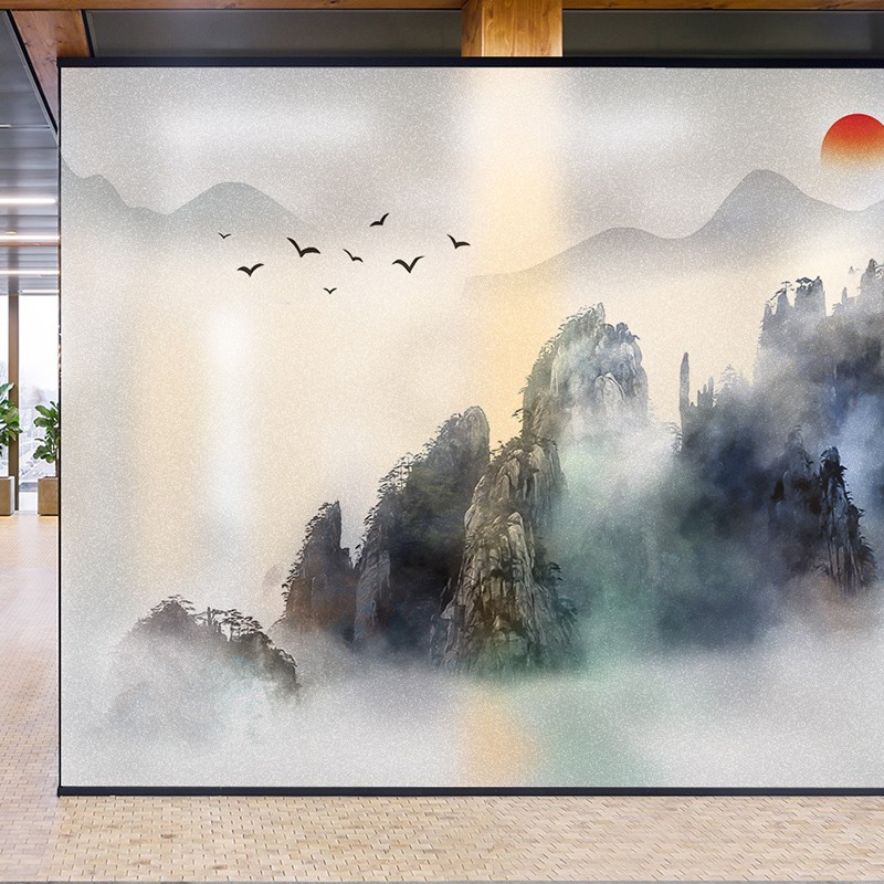 新中式中国风山水画艺术窗户静电磨砂隔断装饰防走光玻璃贴纸贴膜图片