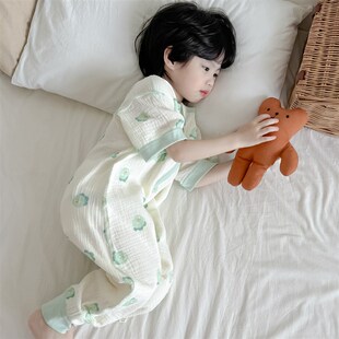 2024夏季新款儿童泡泡纱布前4后2短袖长裤睡袋宝宝A类无骨连体衣