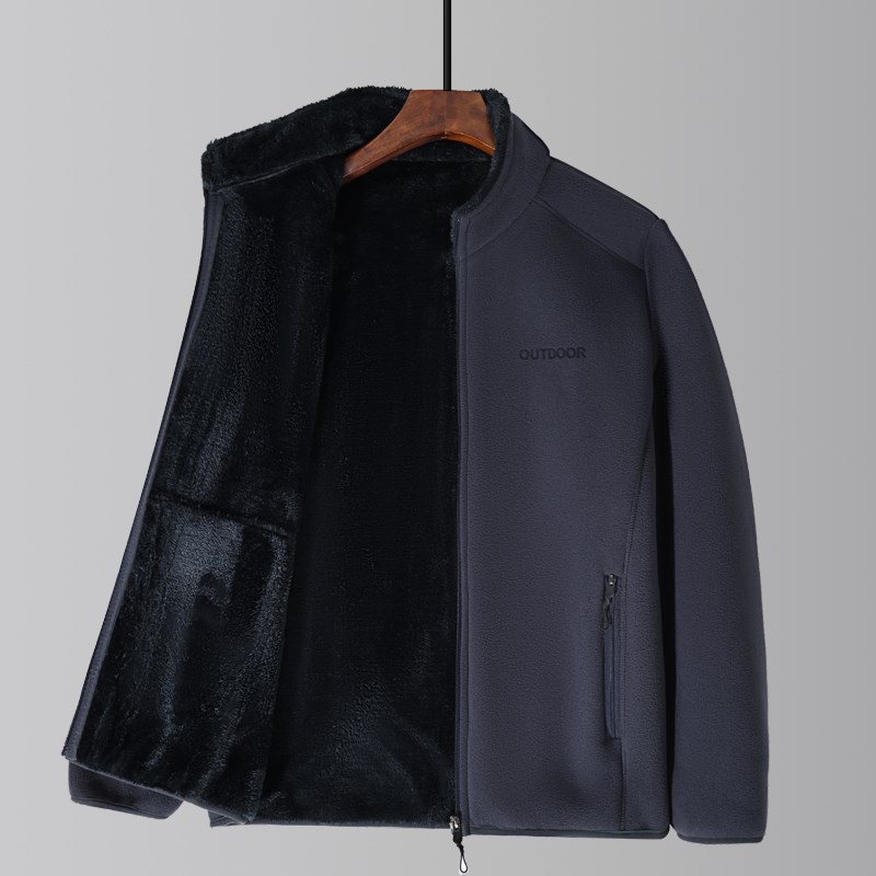 男装秋冬款加绒加厚摇粒绒外套拉链卫衣中老年爸爸立领夹克双面绒