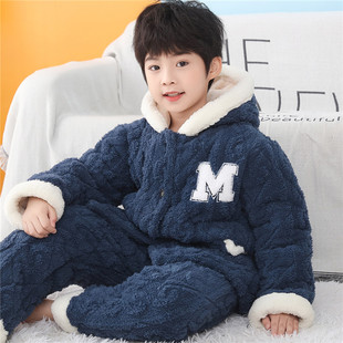 男童冬季三层夹棉加厚加绒女童睡衣加大码保暖超厚款法兰绒家居服