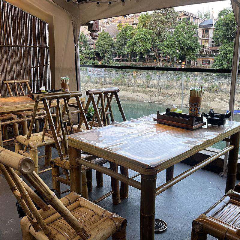 户外庭院竹桌椅组合中式竹编方形餐桌子椅子围炉煮茶火锅店八仙桌