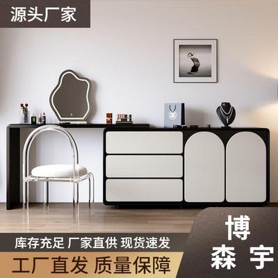 全实木法式奶油风梳妆台斗柜一体转角黑色烤漆复古化妆桌2023新款