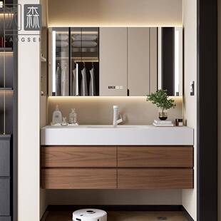 日式原木风浴室柜组合可丽耐一体无缝陶瓷盆卫生间橡木洗脸洗漱台