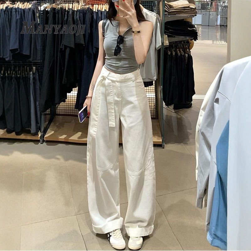 纯白调性飘带休闲阔腿牛仔裤女
