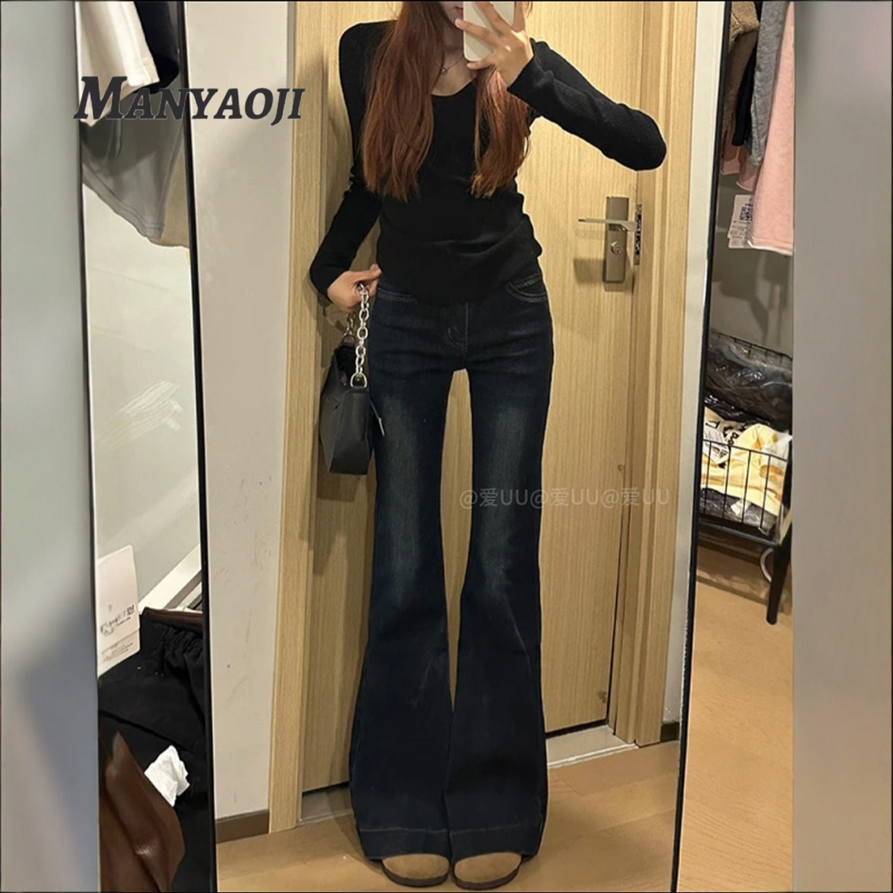 灰色微喇牛仔裤女中低腰2026春季新款百搭弹力显高显瘦喇叭长裤