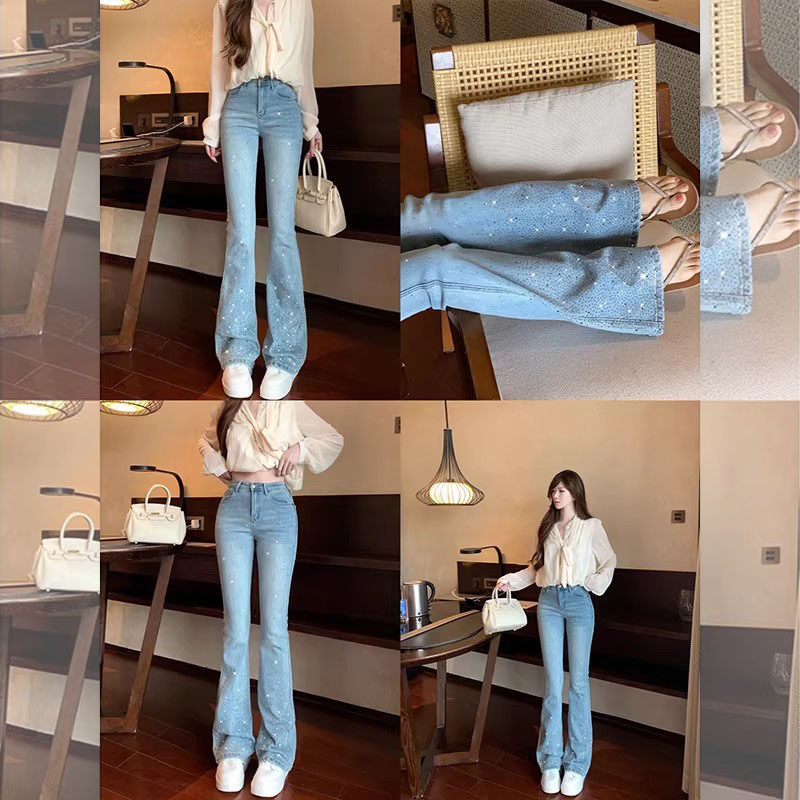 浅色星空碎钻微喇牛仔裤2026春款高腰修身弹力显瘦闪闪拖地裤