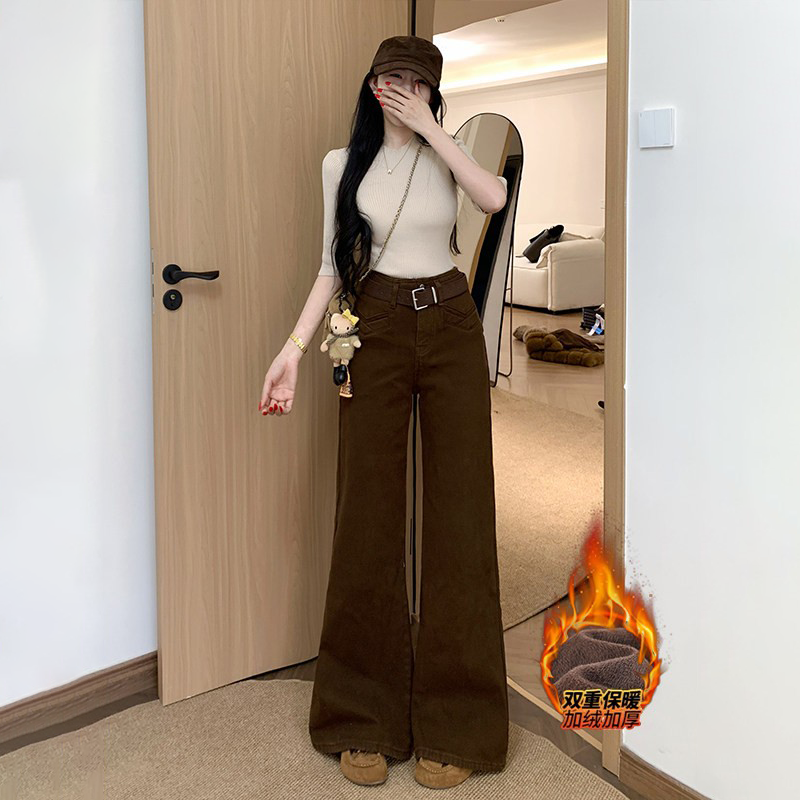 简约咖色加绒阔腿牛仔裤女2026年冬季不贴腿高腰宽松遮肉休闲长裤,女装/女士精品,牛仔裤,淘宝优惠券,粉丝福利购,淘宝优惠卷