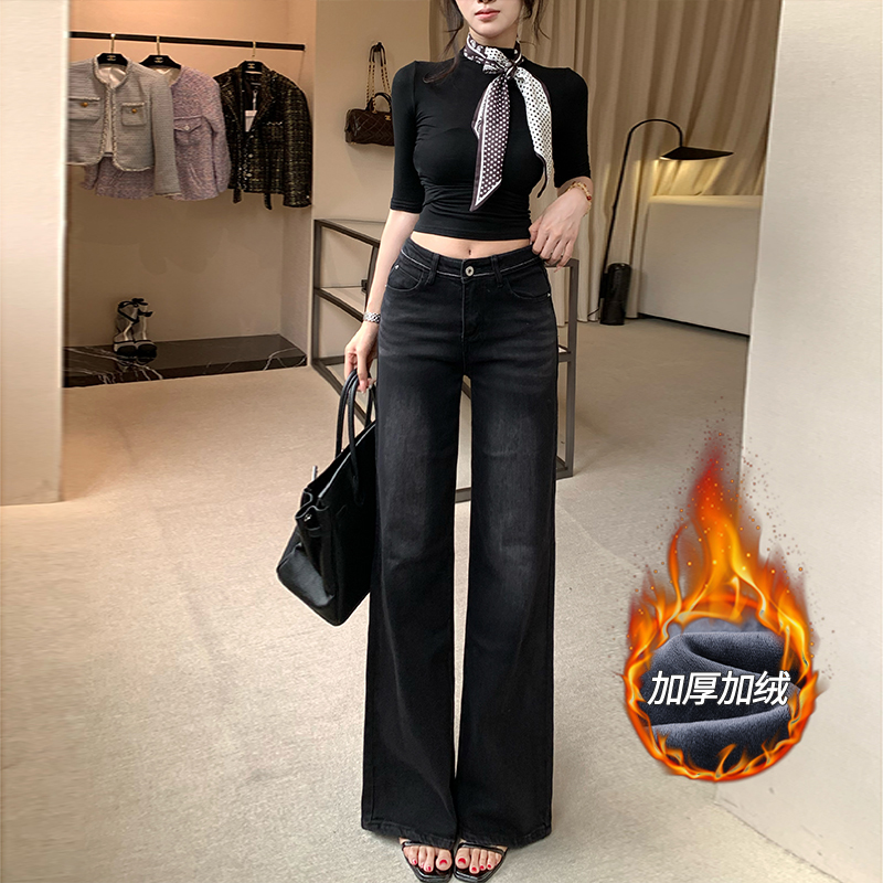 加绒黑灰牛仔微喇裤女