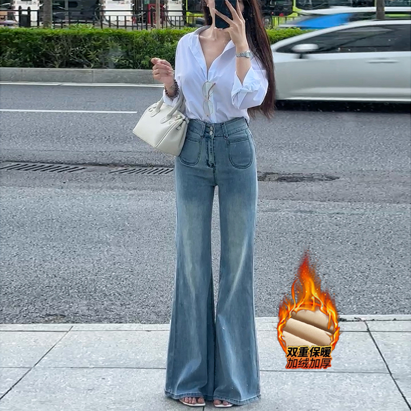 浅色高腰喇叭裤长裤微喇