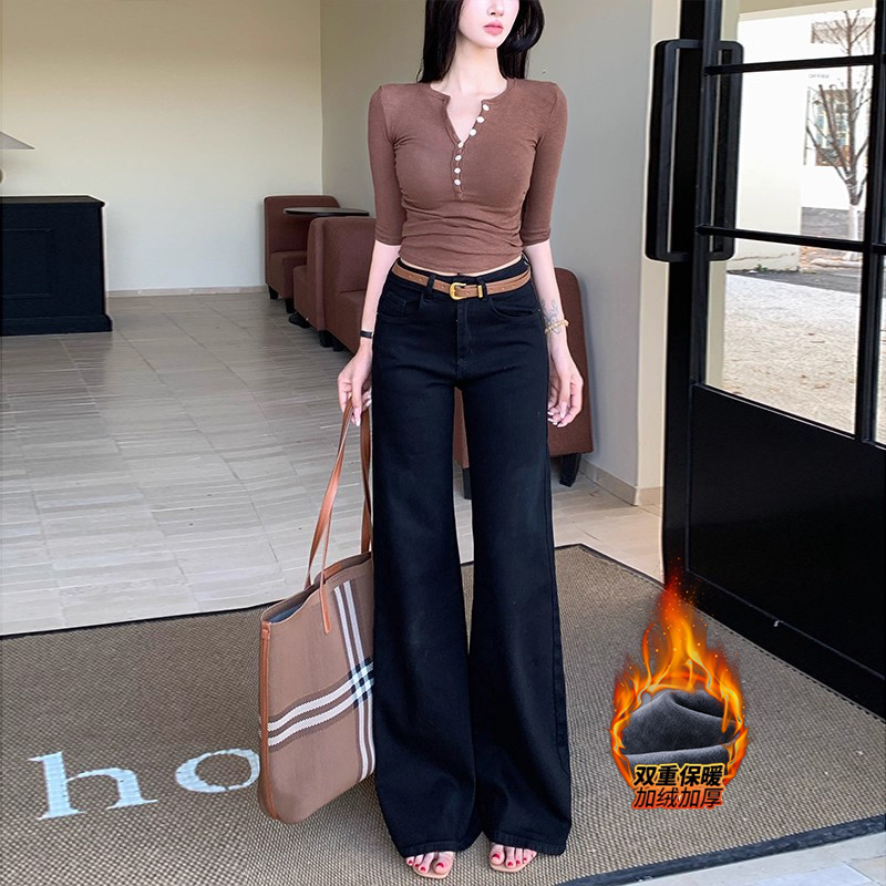 黑色老钱风不贴腿微喇裤女