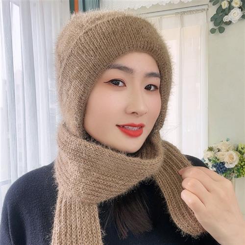 筱柳帽饰帽子女加绒毛线帽子围巾一体松鼠绒风雪帽帽骑行护耳针织