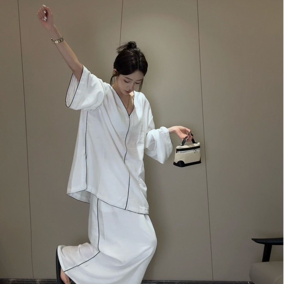 【夹子】慵懒法式两件套撞色拼条侧开叉亚麻衬衫V领禅意裙子女套