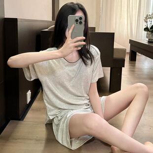 慵懒风带胸垫纯色睡衣女春夏季 2025新短袖 亲肤舒适家居服套装