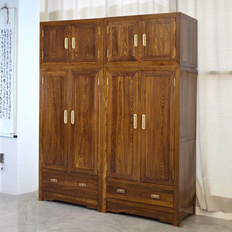 全实木榆木衣柜两门大储物柜子新中式家用卧室推拉门衣橱简约挂式