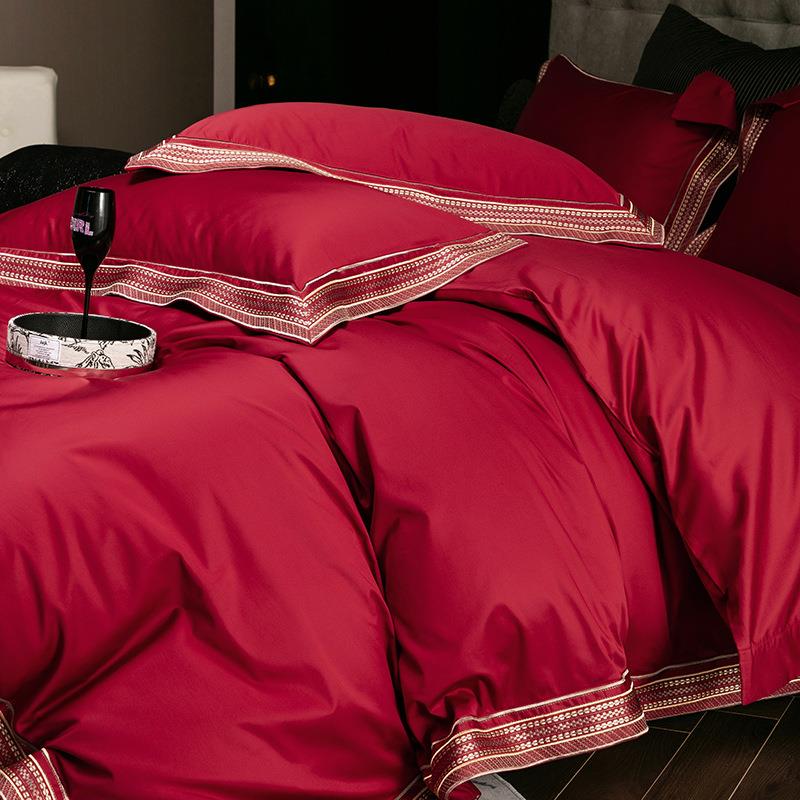 新款轻奢简约高级100S澳棉婚庆四件套绣花纯棉全棉被套纯色结婚红