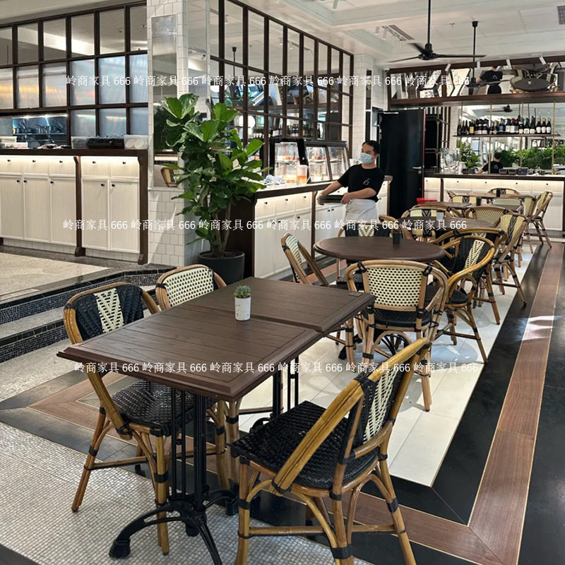 美式复古西餐厅实木桌椅组合小酒馆甜品奶茶店东南亚方圆桌靠背椅