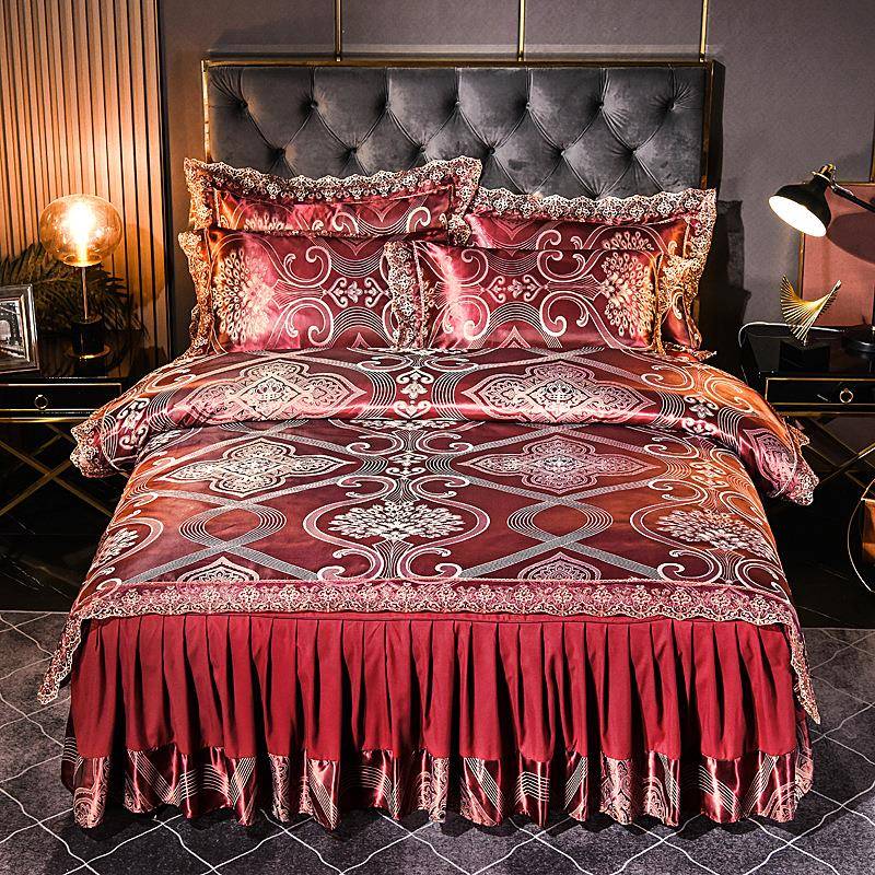 莫代尔蕾丝花边欧式贡缎提花被套双人加大床裙四件套床罩