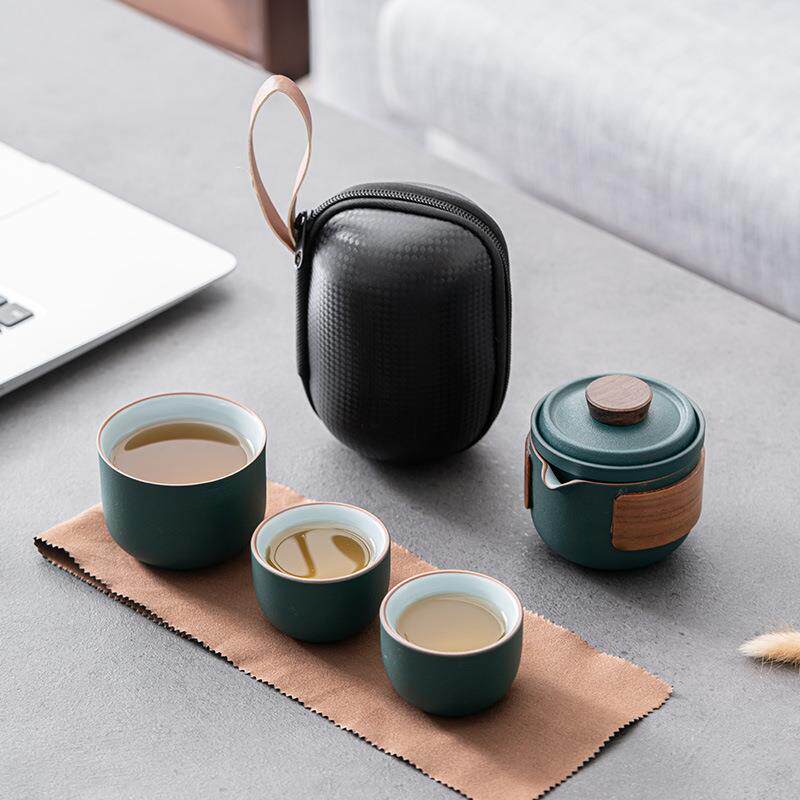 珊瑚绿粗陶快客杯一壶二杯户外简约便携陶瓷茶杯茶具旅行套装