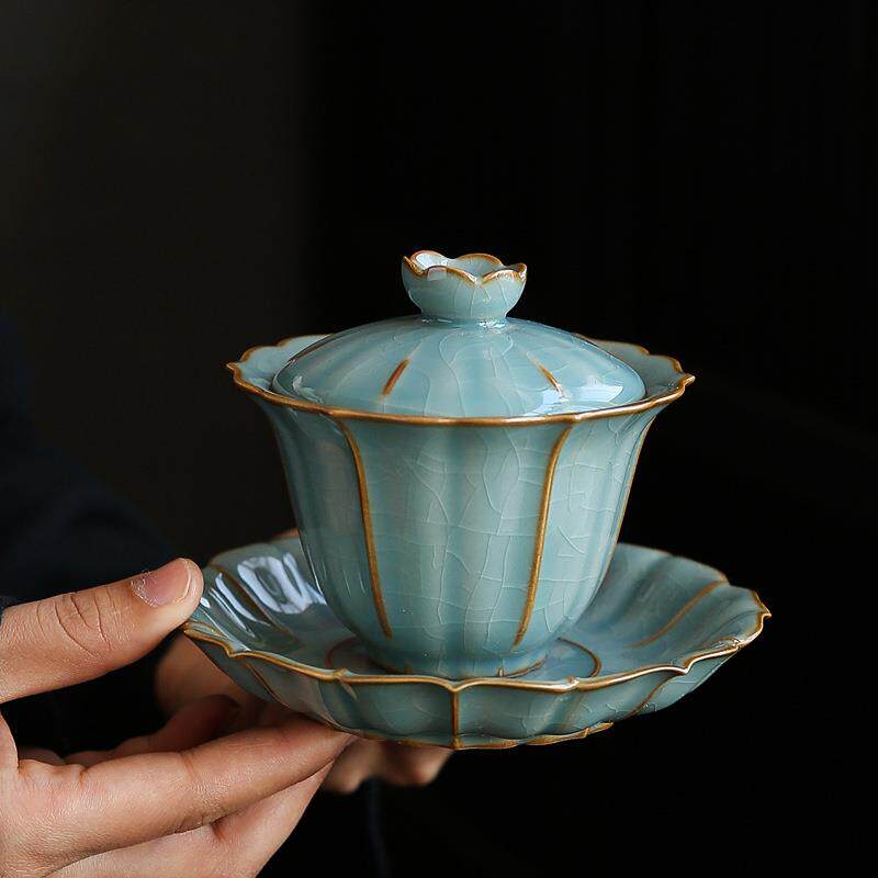 汝窑莲花盖碗陶瓷三才盖碗中式冰裂开片可养泡茶碗家用不烫手茶具