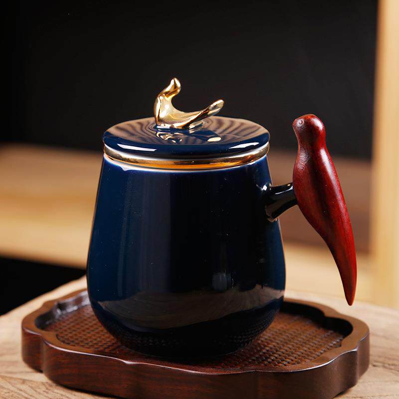 陶瓷过滤茶杯木柄霁蓝泡茶杯子办公室茶水分离杯马克杯鸟语花香