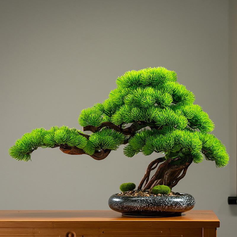仿真迎客松盆景实木绿植客厅茶室装饰崖柏新中式餐馆玄关桌面摆件