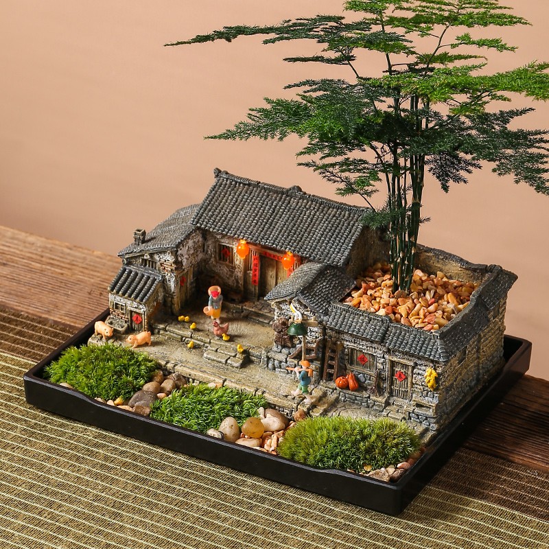 归园田居微景观花盆盆栽盆景文竹绿植茶桌装饰客厅创意阳台造景