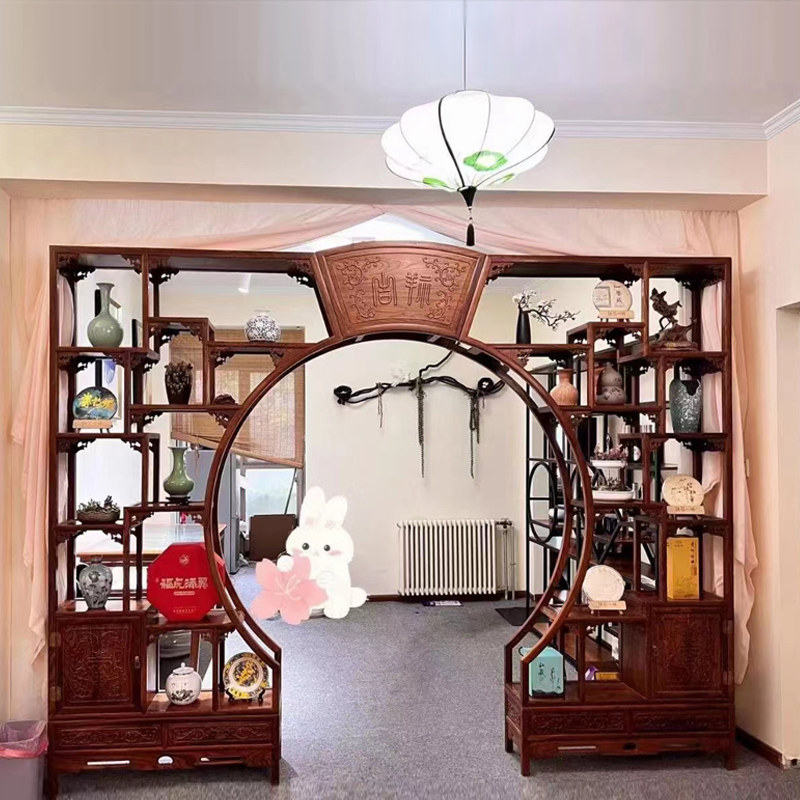 明清仿古家具中式实木双圈月洞门博古架榆木门厅隔断尺寸可定做