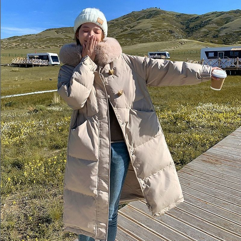 红色冬羽绒棉服女中长款过膝2024新款大毛领棉袄宽松加厚棉衣外套