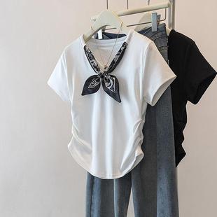 丝巾v领正肩短袖 德国进口yoewshean 法式 羽媗夏季 t恤女 微胖mm大码