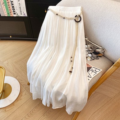 法式白色百褶半身裙女夏2025新款波西米亚风高腰垂感棉麻a字伞裙